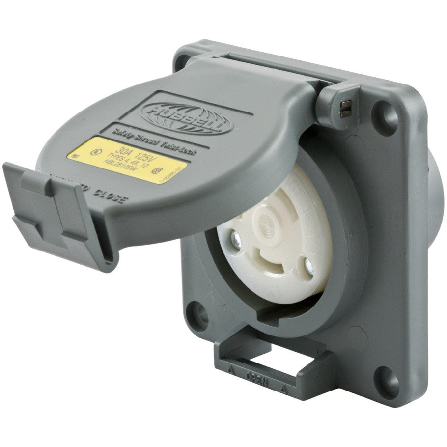 Twist-Lock, Watertight Safety-Shroud, Receptacle, 30A 125V AC, 2-Pole 3-Wire Grounding, NEMA L5-30R, Gray.