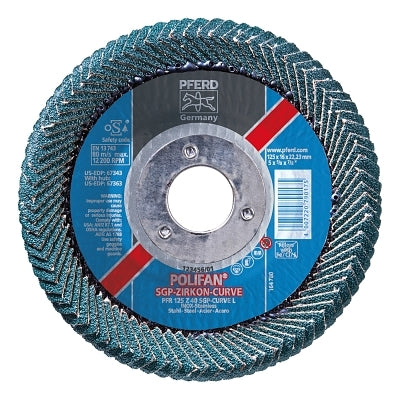 POLIFAN Z SGP Curve Steelox Flap Disc, 5 in dia x 7/8 in Arbor, 40 Grit, Zirconia, 12200 RPM, Large Radius
