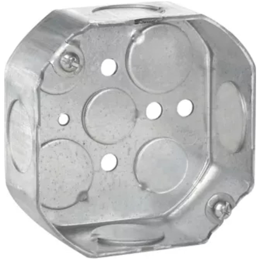 Octagon 4 in. Dia. Outlet Box, Steel, Fixture Rated, 1-1/2 in. D, (4) 3/4 in. Side KO, (3) 1/2   (2) 3/4 in. Bottom KO