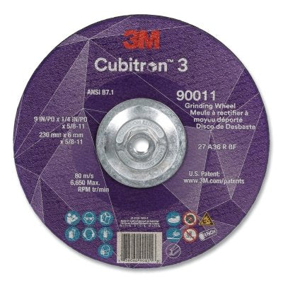 3M 638060-90011 Cubitron 3 Depressed Center Grinding Wheel, 9 in dia x 1/4 in Thick x 5/8 in-11 Arbor, 36+ Grit, T27