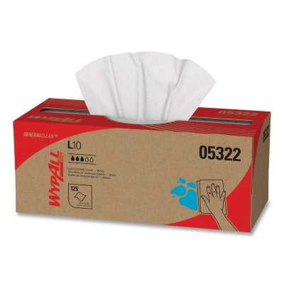 WypAll General Clean L10 Light Cleaning Towel, White, 10-1/2 in W x 12 in L, 125/Box, Pop-Up Box, 1-Ply