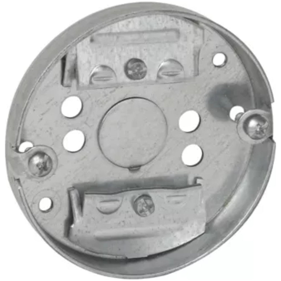 Round 3-1/4 in. Dia. Ceiling Pan, Steel, Fixture Rated, 1/2 in. D, (4) Cable Clamps, (1) 1/2 in. KO