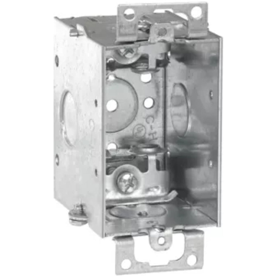Steel Switch Box, 3x2, Gangable, 2-1/2 in. D, (4) Side Cable Clamps   (2) 1/2 in. KO, (1) 1/2 in. Bottom KO, Mounting Ears