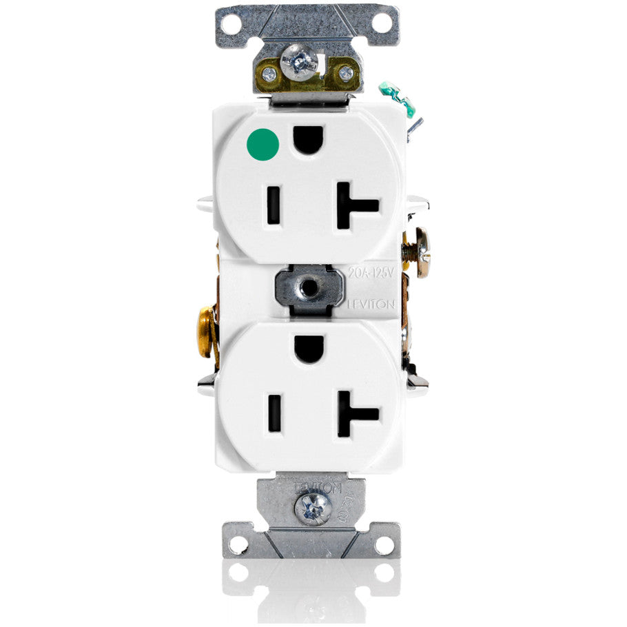 Straight Blade Duplex Receptacle, Heavy Duty Hospital Grade, 20A, 125V, 2P3W, NEMA 5-20R, Self-Grounding, Smooth Face, White