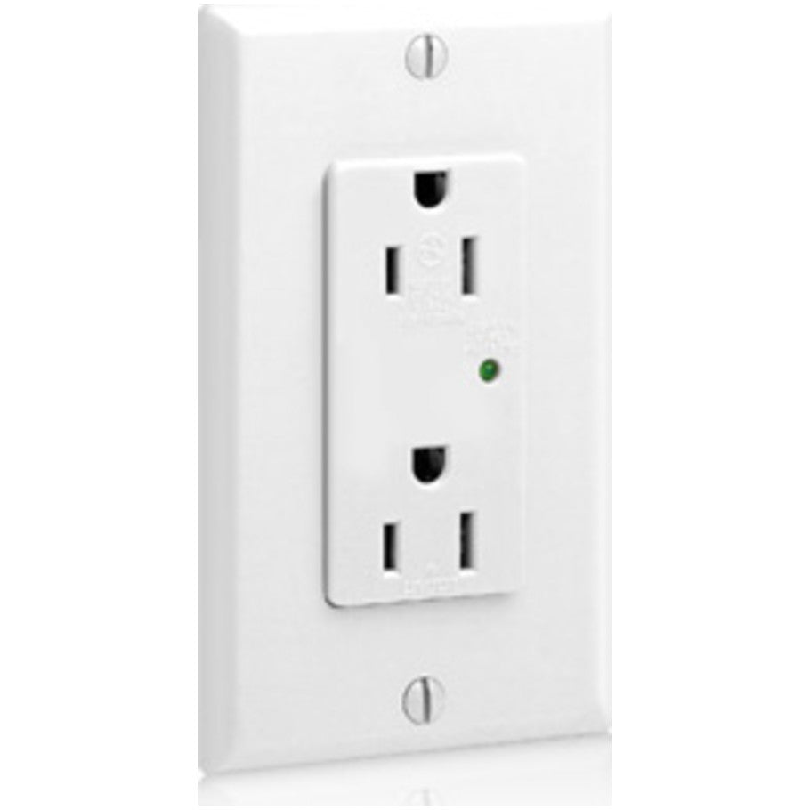 Decora Plus Straight Blade Duplex Receptacle, 15A, 125V, 2P3W, NEMA 5-15R, Self-Grounding, Surge With Indicator Light, White