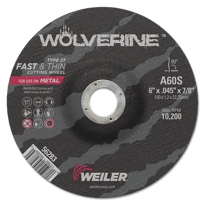 Wolverine Cutting Wheel, WA60S, 6 in dia, 0.045 in Thick, 7/8 in AH, 60 Grit, Type 27