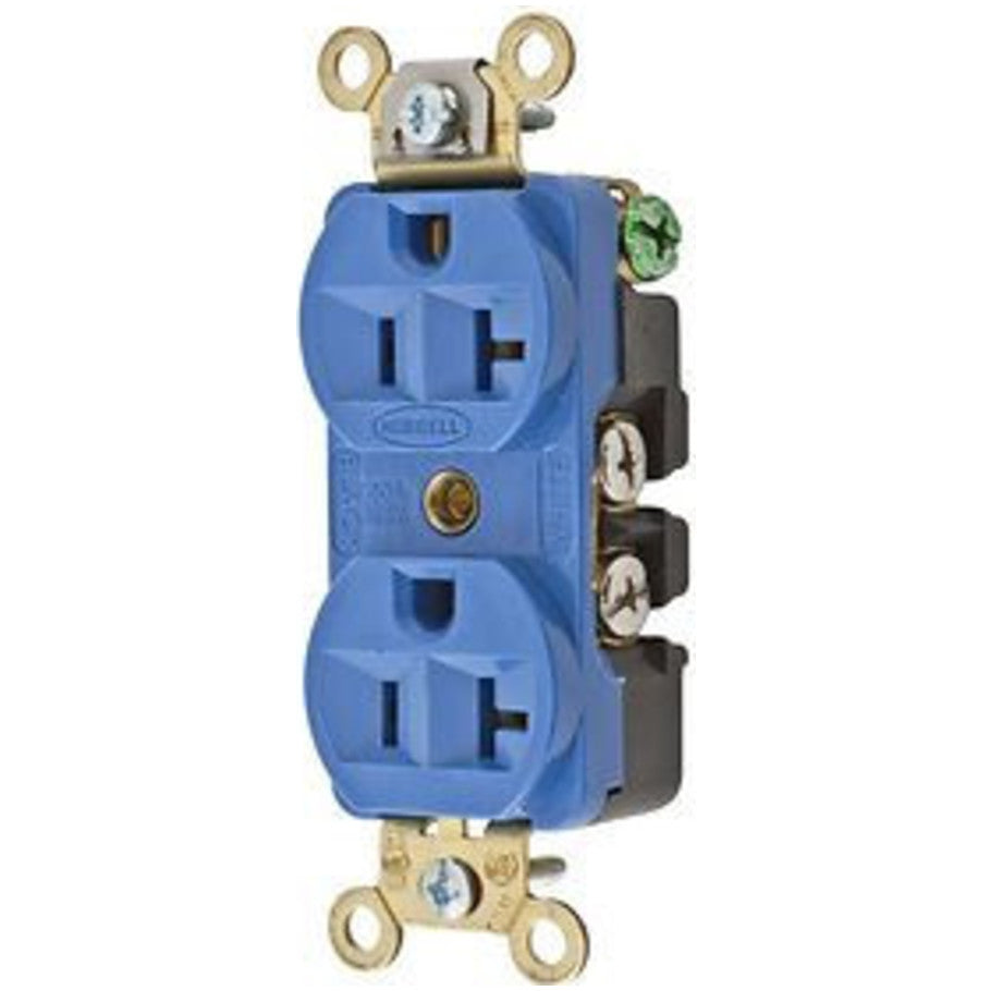 HBL Compact Straight Blade Duplex Receptacle, Extra Heavy Duty, 20A, 125V, 2P3W, NEMA 5-20R, Back and Side-Wired, Blue