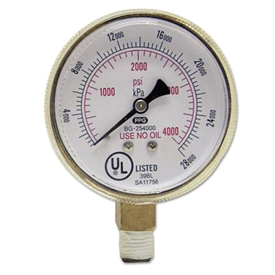 Pressure Gauge, 2-1/2 in, 4000 psi, Brass, 1/4 in NPT