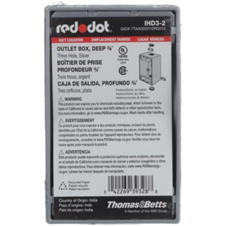 Red-Dot Weatherproof Box, Aluminum Die Cast, (3) 3/4 in. Threaded Hubs, 1-Gang, 2-5/8 in. Deep