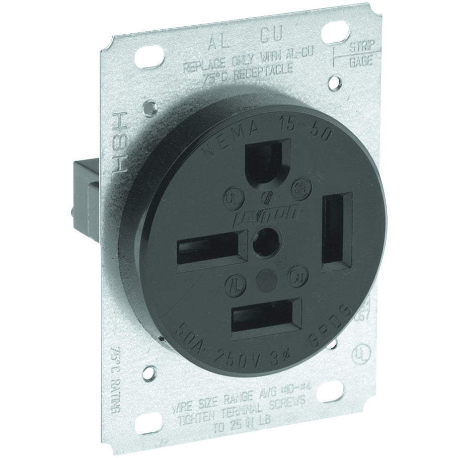 Black Nylon Flush-Mount 50A 3-Phase 250V 3P4W NEMA 15-50R Single Straight Blade Power Receptacle