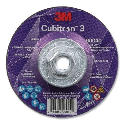 3M 638060-90040 Cubitron 3 Cut-Off Wheel, 4-1/2 in dia x 0.045 in Thick x 5/8 in-11 Arbor, 36+ Grit, T27