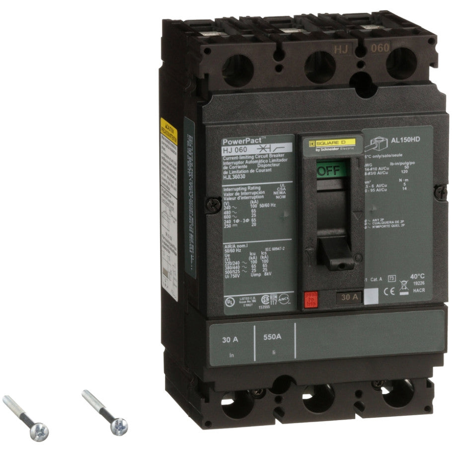 PowerPact Molded Case Circuit Breaker, H-Frame, Thermal Magnetic, Unit Mount, 25kA, 600 Vac/250 Vdc, 3-Pole, 30A