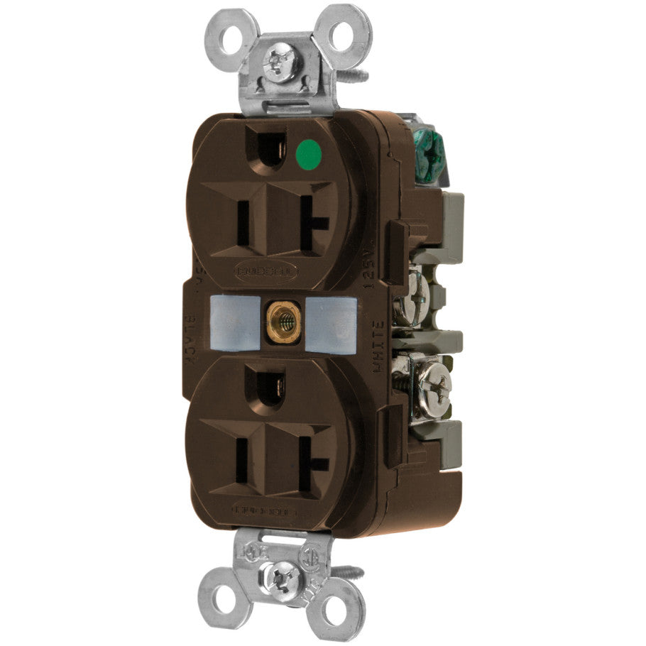 HBL Straight Blade Duplex Receptacle, Hospital Grade, 20A, 125V, 2P3W, Deep Body Design, Circuit ID Face, Brown