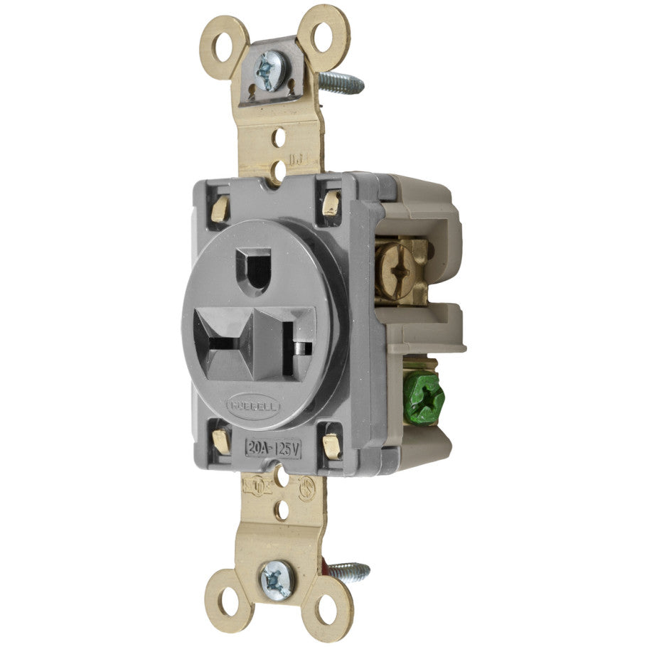 HBL Straight Blade Receptacle, Single, Extra Heavy Duty Spec Grade, 20A, 250V, 2P3W, Gray