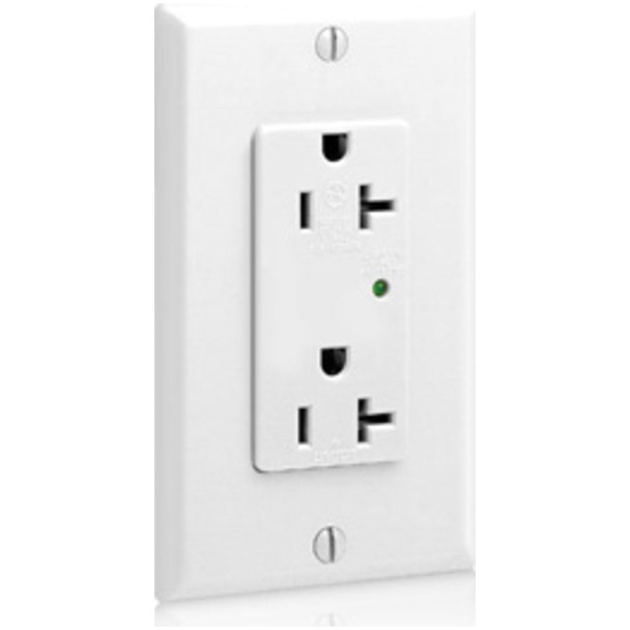 Decora Plus Straight Blade Duplex Receptacle, Surge With Indicator Light, 20A, 125V, 2P3W, NEMA 5-20R, Self-Grounding, White