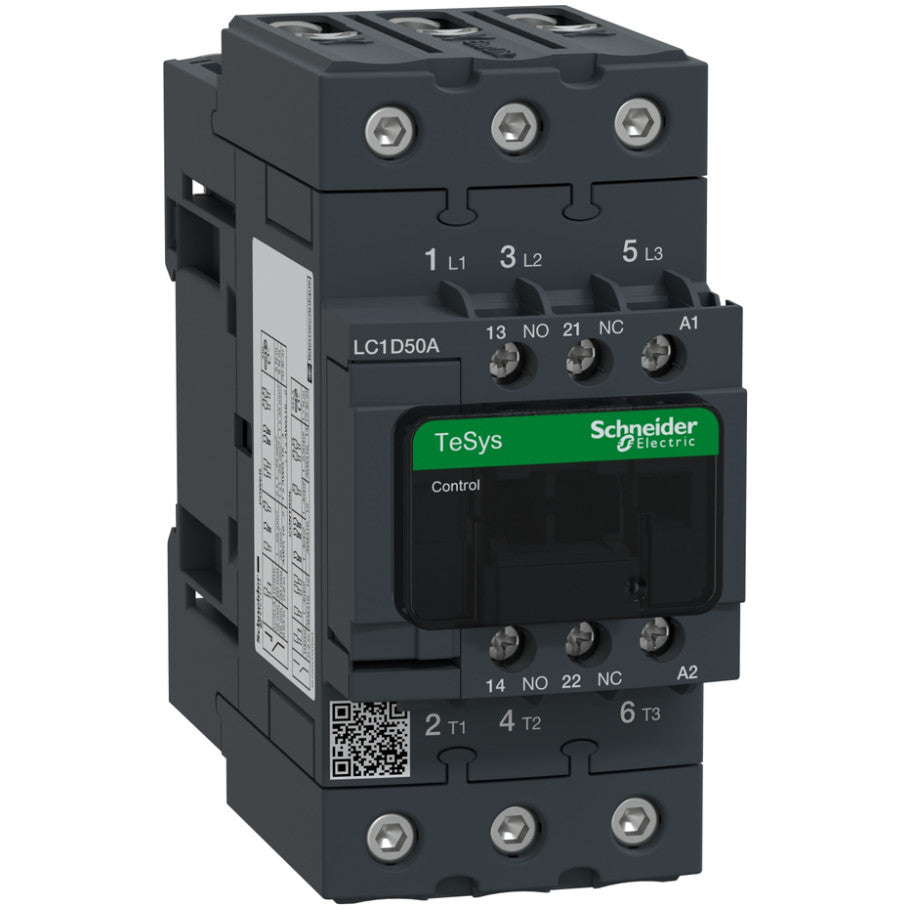 IEC Contactor, TeSys Deca, Nonreversing, 50A, 40HP at 480VAC, Up to 100kA SCCR, 3 Phase, 3 NO, 120VAC 50/60Hz Coil, Open