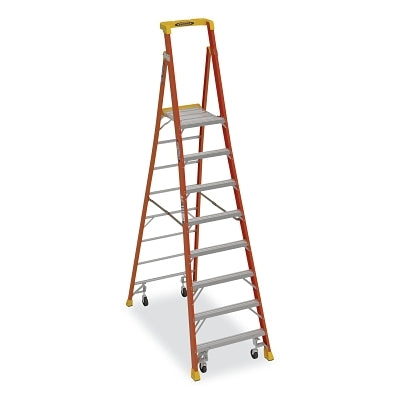 Podium Ladder, PD6208-4C, Type IA, 8 ft, 14 ft Reach, 34.5 in W, 300 lb Load Capacity, With Casters, Fiberglass, Orange