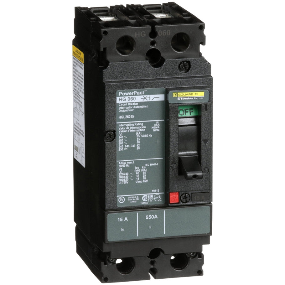 PowerPact Molded Case Circuit Breaker, H-Frame, Unit Mount, 18 kA, 600V, 2-Pole, 15A