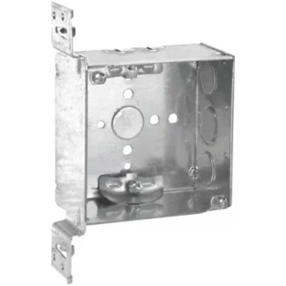 4 Square Box, Steel, Welded, 2-1/8 in. D, (4)Cable Clamps, (2)1/2   (1) 1/2 3/4 in. E Side KO, (1)1/2 in. Bottom KO, VMS Bracket