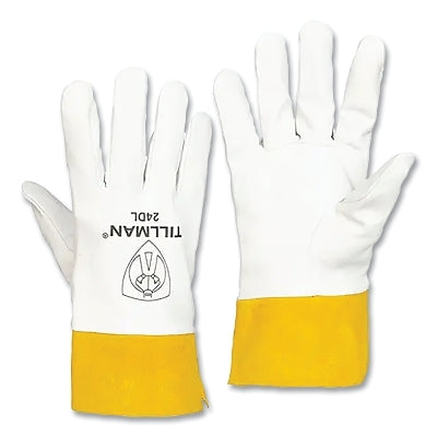 TIG Welding Gloves, 24D, Top Gr Kidskin Palm/BOH/Split Cowhide Cuff, Med, Pearl/Bourbon Brn, 2 in L Straight Cuff