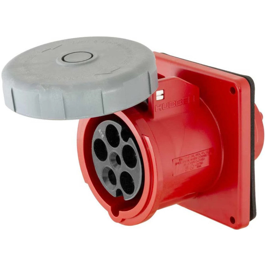 HBL Heavy Duty Series, IEC Pin and Sleeve Receptacle, Female, 30/32A, 200/346 to 240/415V, 4-Pole, 5-Wire, 12 to 10 AWG, Red