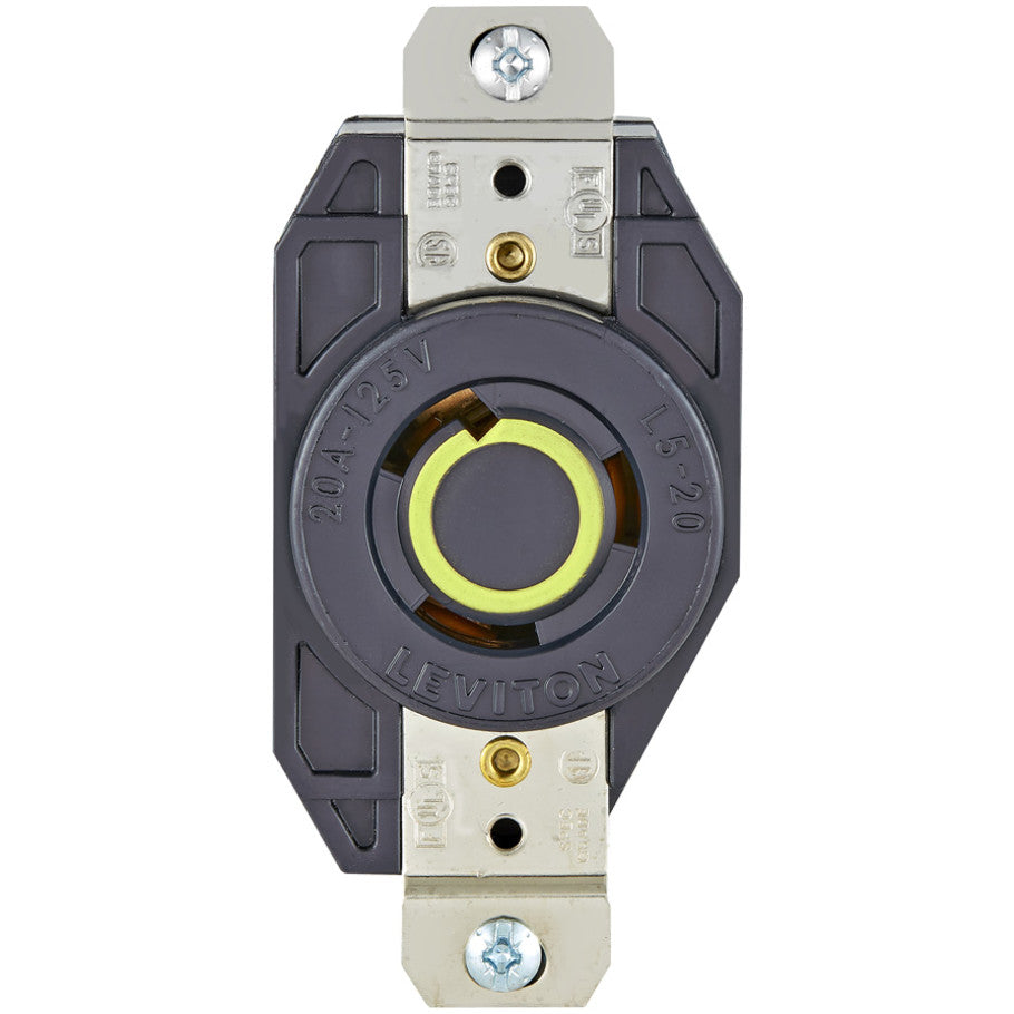 Black and White V-O-MAX Flush Locking Receptacle, 20A, 125V, 2P3W, Nylon, Single,