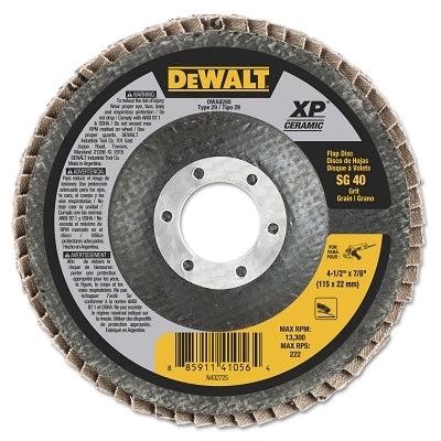 XP Ceramic Flap Disc, 4-1/2 in dia, 40 Grit, 7/8 in Arbor, 13300 RPM, T29