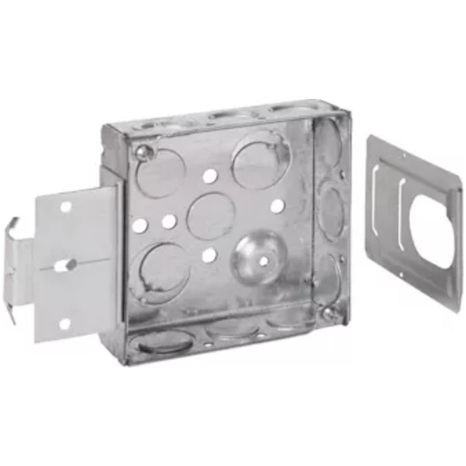 4 Square Box, Steel, Welded, 1-1/2 in.D, (8) 1/2   (4) 1/2 3/4 in. E Side KO, (2) 1/2   (2) 1/2 3/4 in. E Bottom KO, MSB Bracket