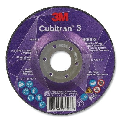 3M 638060-90003 Cubitron 3 Depressed Center Grinding Wheel, 4-1/2 in dia x 1/4 in Thick x 7/8 in Arbor, 36+ Grit, T27