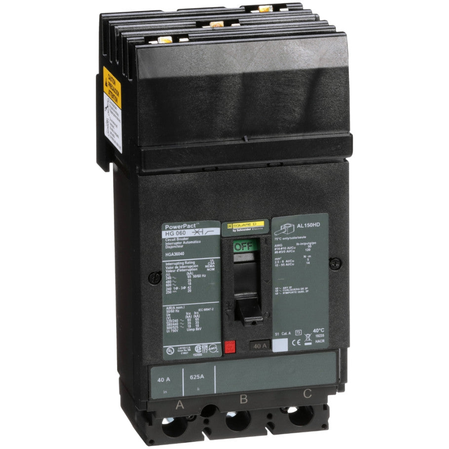 PowerPact Molded Case Circuit Breaker, I-Line Mount, H-Frame, Thermal Magnetic, 3-Pole, 600V, 18kA, 40A