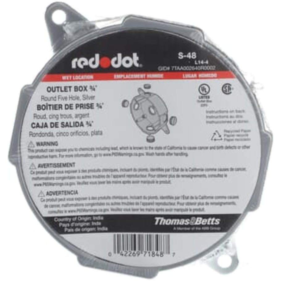 Red-Dot Outlet Box, Aluminum Die Cast, Round, 1-5/8 in. Deep, (5) 3/4 in. Hubs