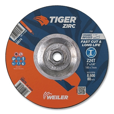 Tiger Grinding Wheel, 7 in dia x 1/4 in Thick x 5/8 in-11 Arbor, 24 Grit, Zirconia Alumina/Ceramic, Type 27, 10 EA/PK