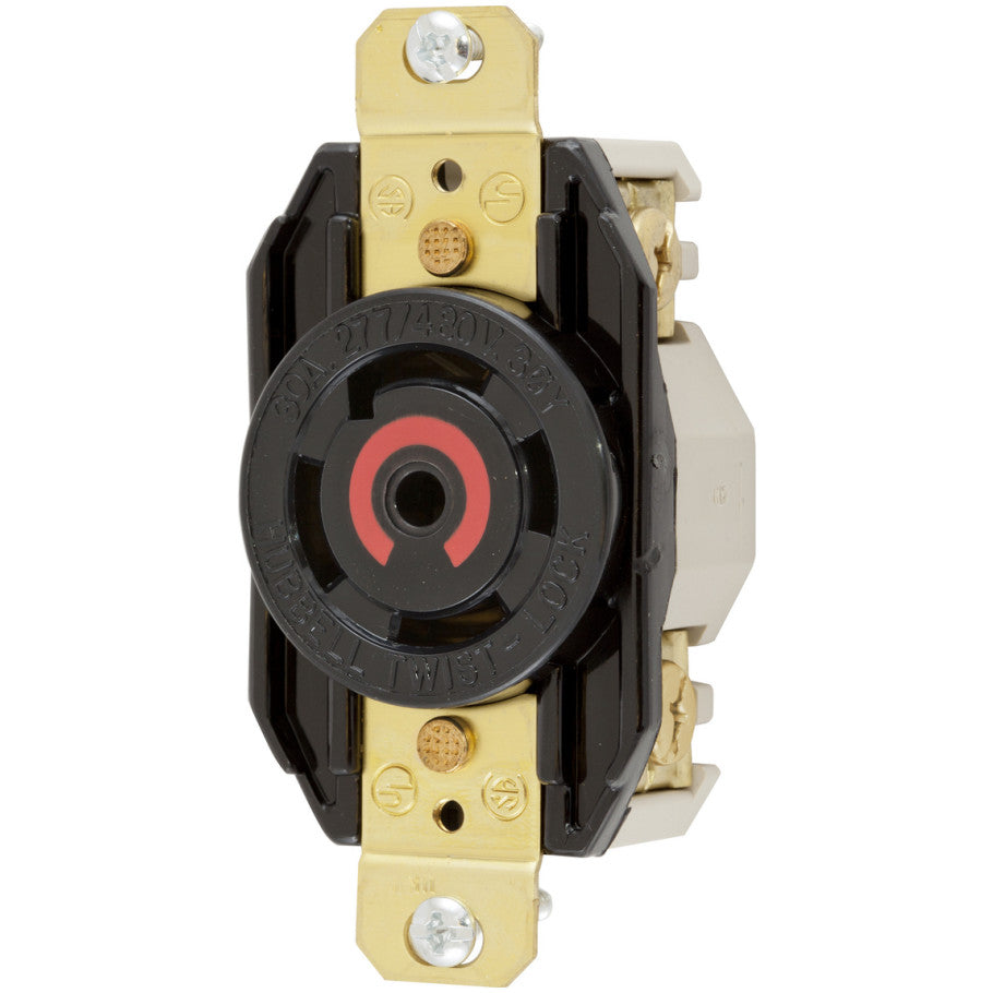Twist-Lock Receptacle, Single, Flush, 30A, 3-Phase Y 277/480V, 4P5W, Black Nylon