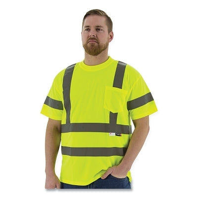 High Visibility Short/Long Sleeve Shirt, Short Sleeve, 100% Birds Eye Mesh Polyester, Yellow, X-Large