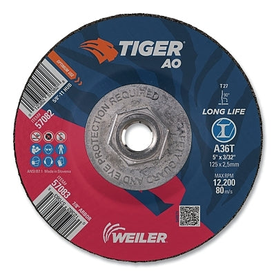 Tiger AO Cutting Wheel, 5 in dia x 3/32 in Thick, 5/8 in-11 UNC Arbor, A36S, Type 27