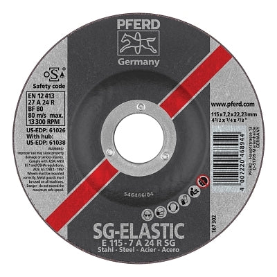 Type 27 SG Depressed Center Grinding Wheel, 4-1/2 Dia, 1/4 Thick, 7/8 Arbor, Alum Oxide