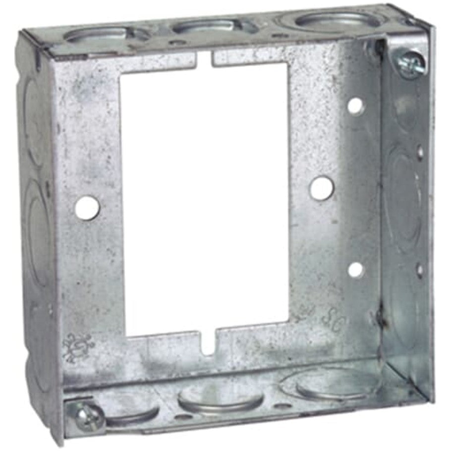 4 in. Square Extension Ring, Steel, 1-1/2 in. D, (2) 1/2-(1) 1/2-3/4 in. E KO Each Side, (2) 1/2 in. KO Each End
