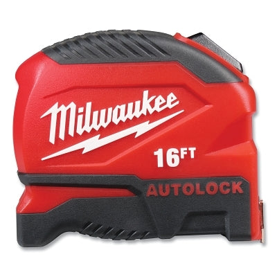 Auto-Lock Tape Measure, 16 ft, SAE, 1 in W Blade, Red/Black