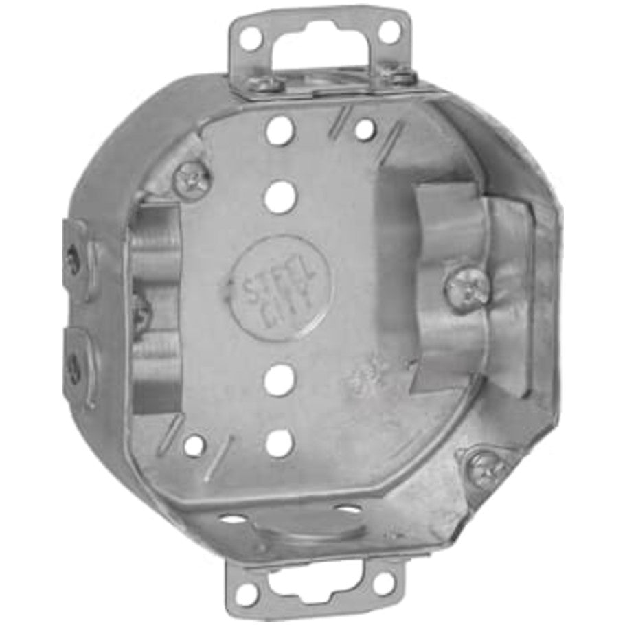 Steel City 4 in. Octagon Box, Steel, Drawn, 1-1/2 in. D, (3) 1/2 in. Knockouts, (2) C-5 Cable Clamps, Adjustable Ears