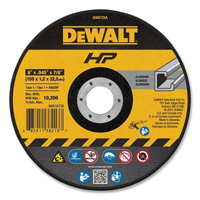 High Performance Cutting Wheel, Type 1, 6 in dia x 1/4 in Thick x 7/8 in Arbor, 60 Grit, Aluminum Oxide