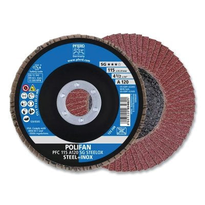 POLIFAN Type 29 SG Flap Disc, 4-1/2 in dia, 120 Grit, 7/8 in Arbor dia, 13300 RPM, Aluminum Oxide A