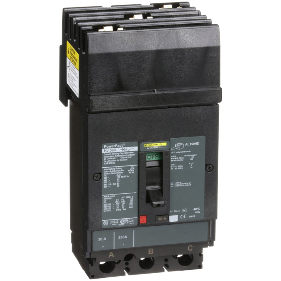 Circuit breaker, PowerPacT H, 30A, 3 pole, 600VAC, 25kA, I-Line, thermal magnetic, 80 , ABC