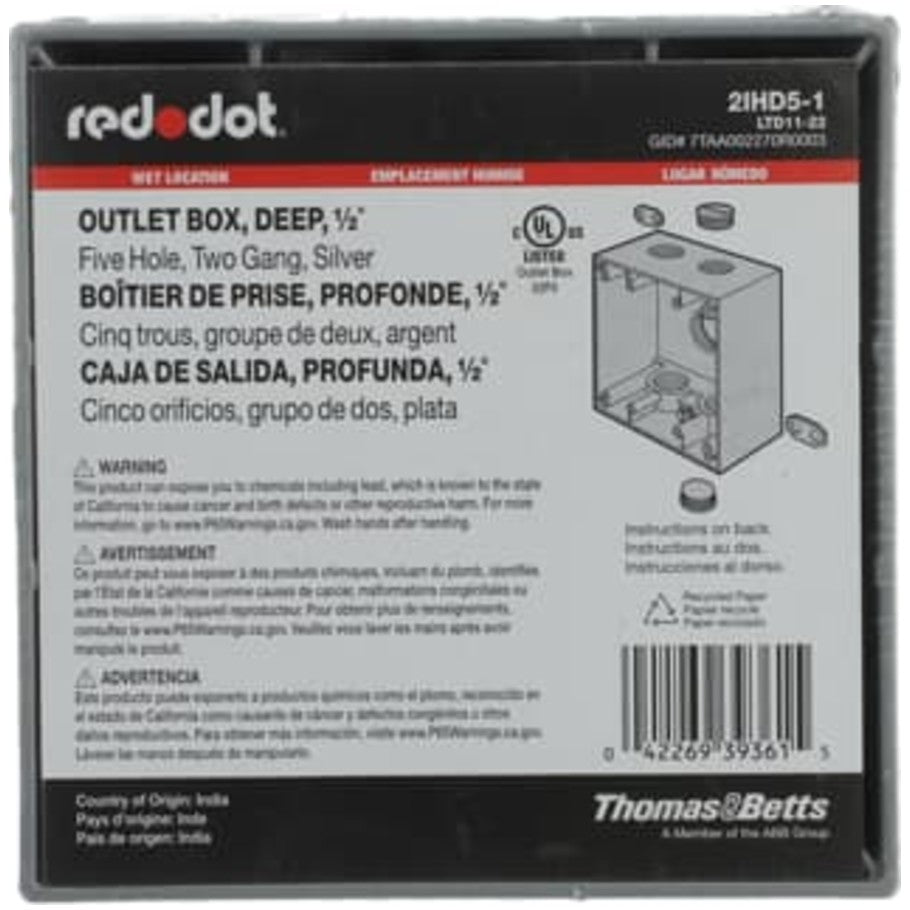 Red-Dot Weatherproof Box, Aluminum Die Cast, (5) 1/2 in. Threaded Hubs, 2-Gang, 2-17/32 in. Deep