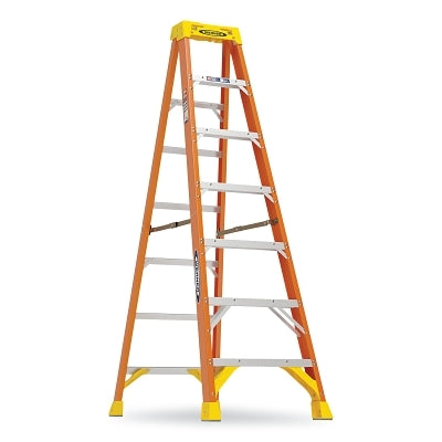 Fiberglass Stepladder, 6207, Type IA, 7 ft L, 25.12 in W, Single-Sided, 300 lb Load Capacity, Orange/Yellow