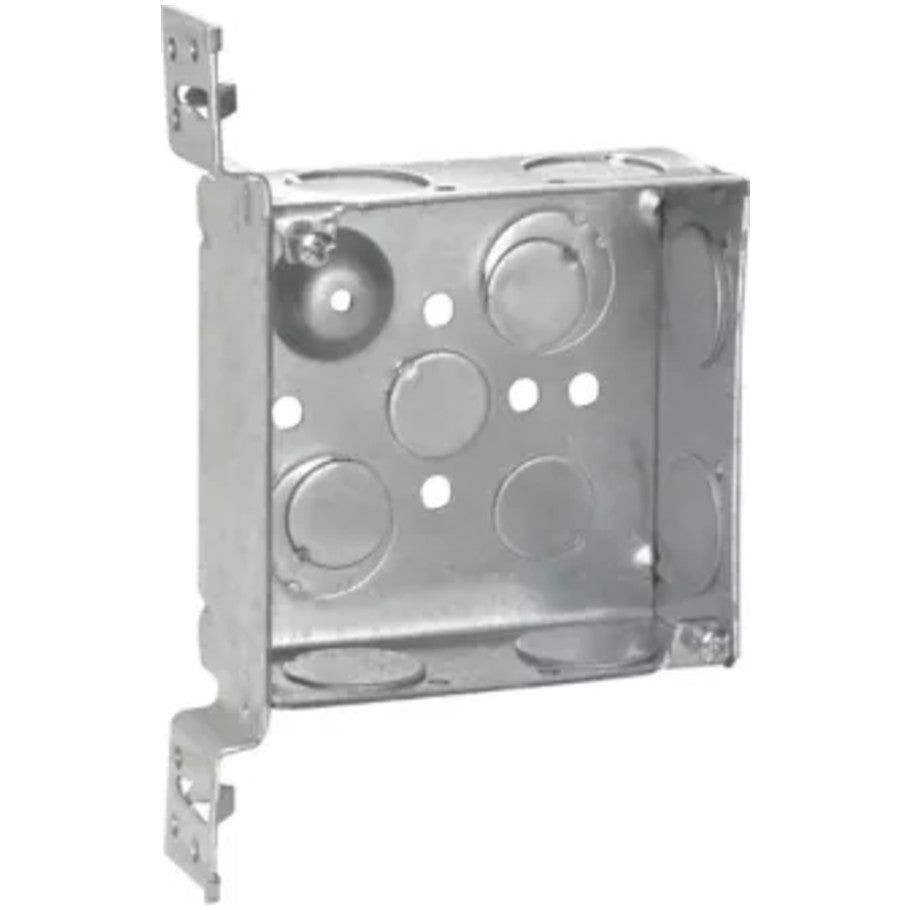 4 Square Box, Steel, Welded, 1-1/2 in. D, (6) 3/4 in. Side KO, (2) 1/2   (2) 1/2 3/4 in. E  Bottom KO, VMS Bracket