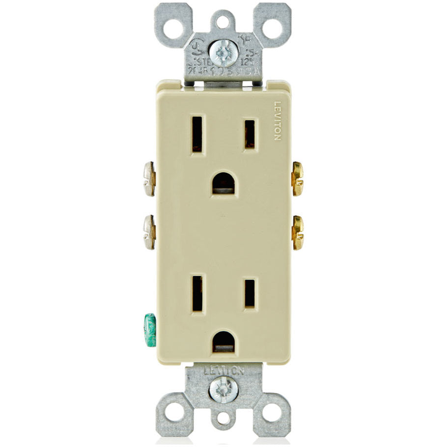 Decora Straight Blade Duplex Receptacle, 15A, 125V, 2P3W, NEMA 5-15R, Quickwire and Side Wired, Ivory