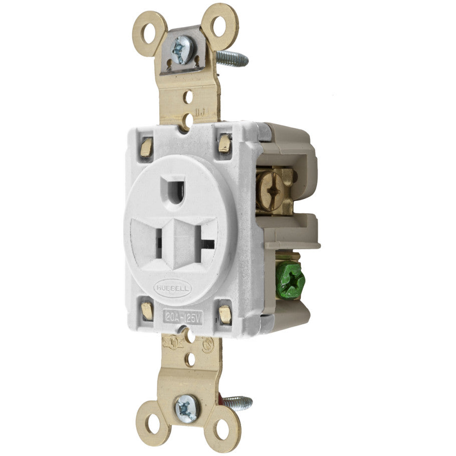 HBL Straight Blade Receptacle, Single, Extra Heavy Duty, 20A, 125V, 2P3W, White