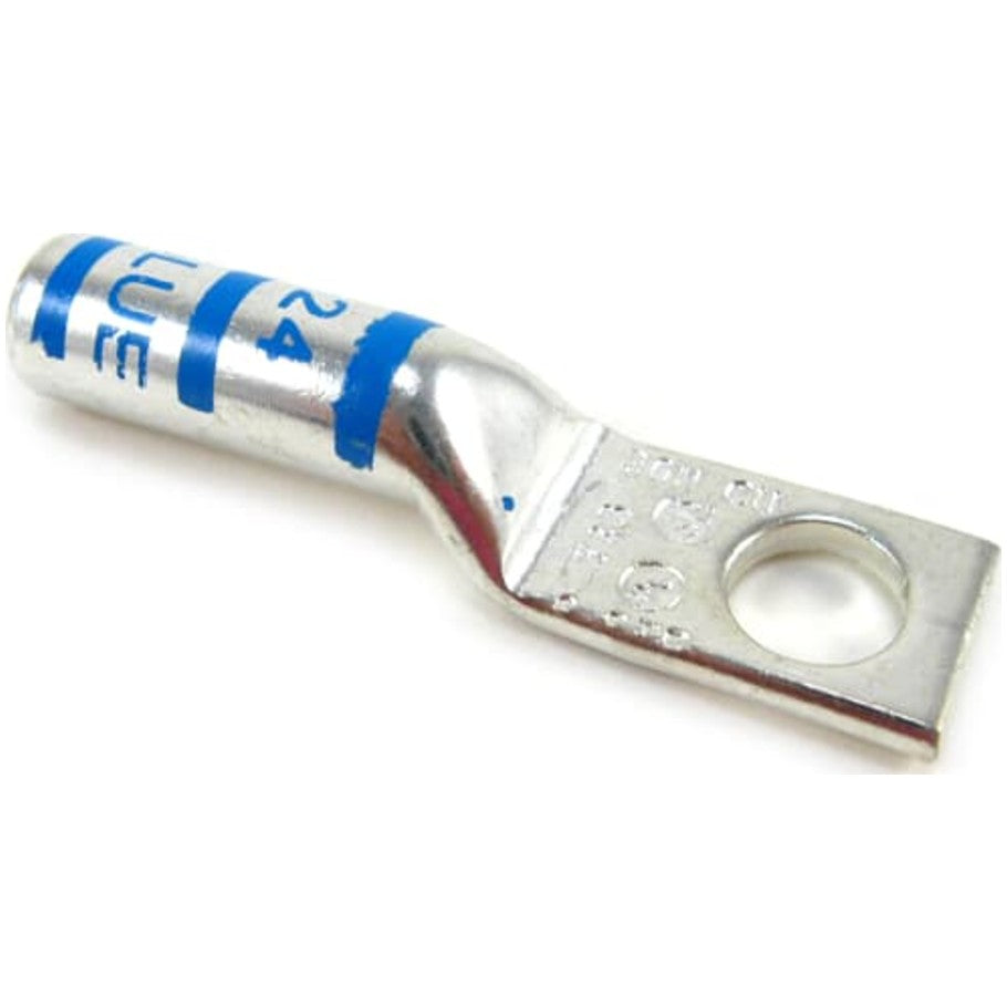 Copper One-Hole Lug, Long Barrel, Max 35kV, Wire Size  6 AWG, 1/4 Inch Bolt Size, Tin Plated, Die Code 24, Die Color Code Blue