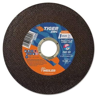Tiger Zirc Cutting Wheel, 4.5 in, 7/8 in Arbor, 60, 13300 RPM, 50PK