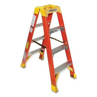Fiberglass Twin Stepladder, T6204, Type IA, 4 ft L, 8 ft Reach, 19.92 in W, 300 lb Load Capacity Per Side, Orange